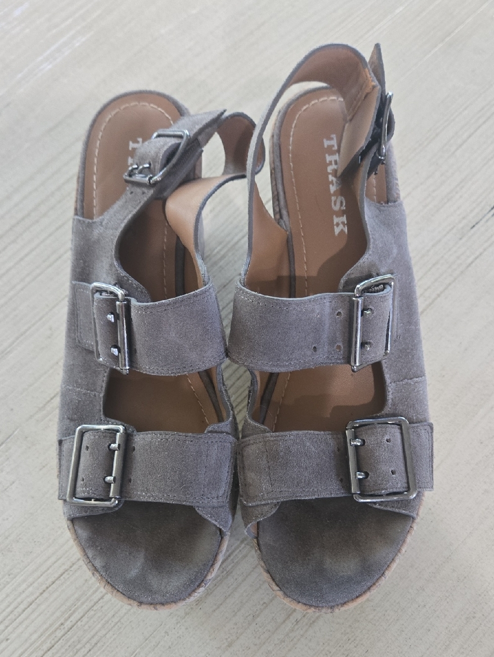 Trask Taupe Suede Double Buckle Slingback Sandals